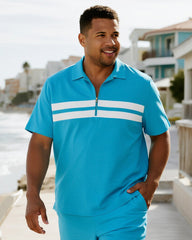 Big & Tall Men's Business Blue Stripe Print Short Sleeve Zip Polo Shirt Shorts Suit