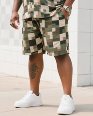 Big Man's Daily Leisure Outdoor Activities High Sense Creative Checkered Camouflage Short Sleeve Shirt Shorts Suit