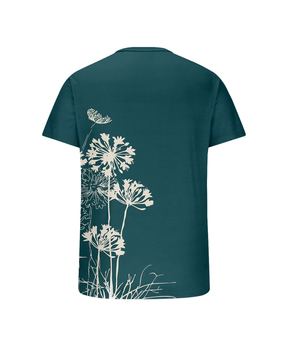 Men's Plus Size Green Dandelion Print Henry Collar Button Short Sleeve Tee