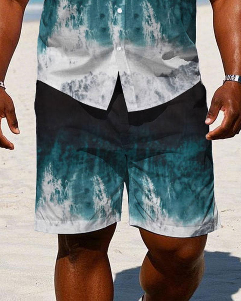Men's Plus Size Hawaiian Black & White & Blue Sleeveless Vest Shirt Shorts Suit