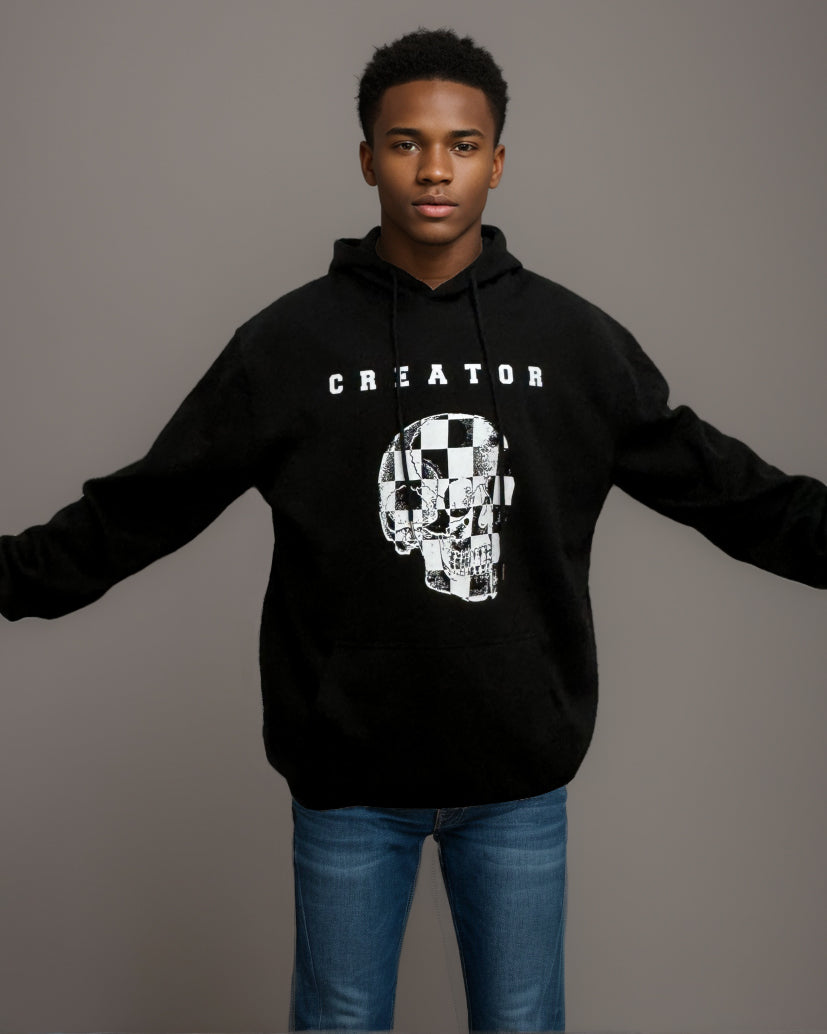 Cotton-checkerboard Design Skull Print Men's Loose Oversized Hoodie