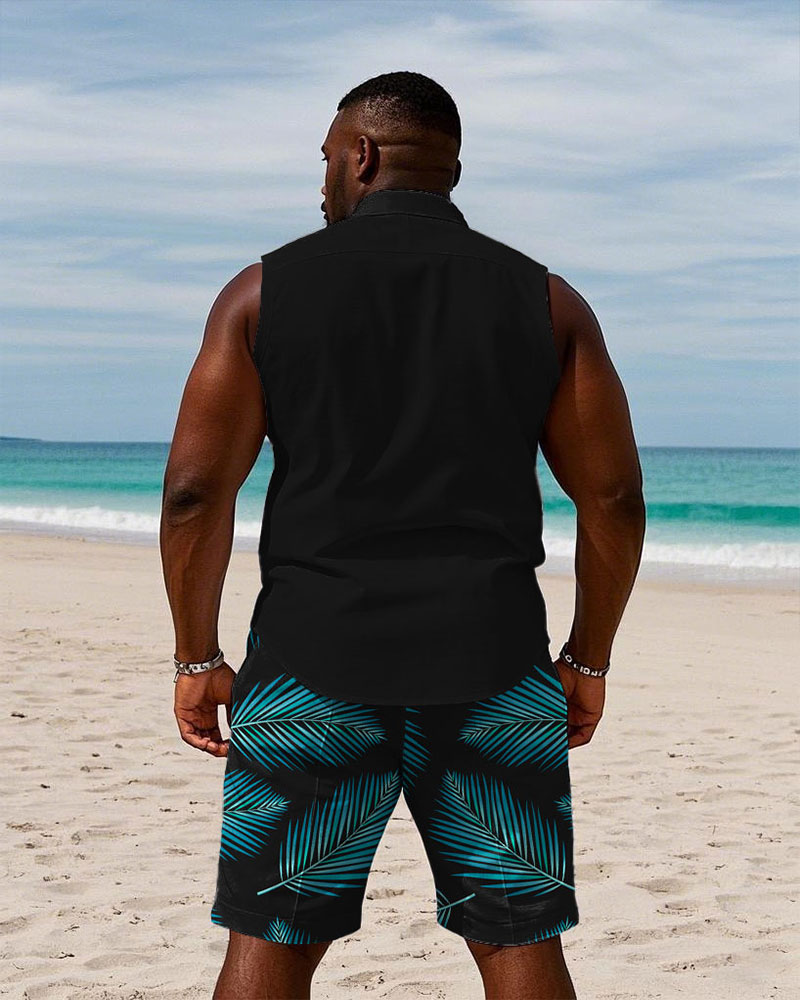 Men's Plus Size Hawaiian Black Fashion Plant Stitching Sleeveless Vest Shirt Shorts Suit
