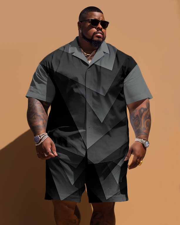 Big Men's Simple Geometric Print Short Sleeve Shirt Shorts Set