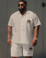 Men's Plus Size Casual Simple King Letter Print Pocket Short Sleeve Shirt Shorts Suit
