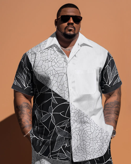 Big Men's Simple Pattern Patchwork Printing Pocket Short-sleeved Shirt Shorts Set