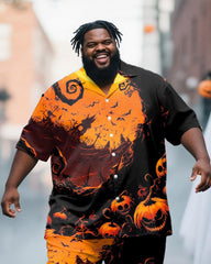 Big & Tall Men's Halloween Orange Horror Pumpkin Graffiti Print Short Sleeve Shirt Trousers Suit