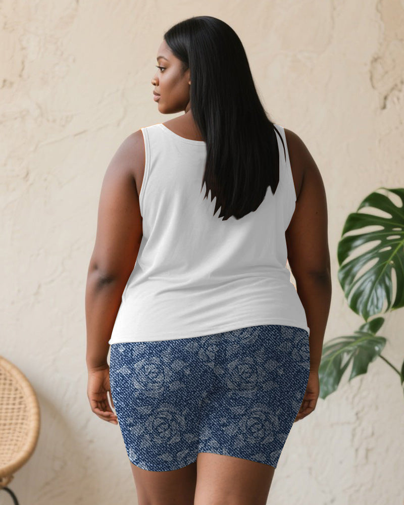 Women's Plus Size Daily Casual Rose Denim Print Pocket Vest Shorts Suit