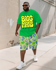Men's Plus Size Street Graffiti Green Fun BIGGMANS Letter Print Round Neck Short Sleeve T-Shirt Shorts Suit