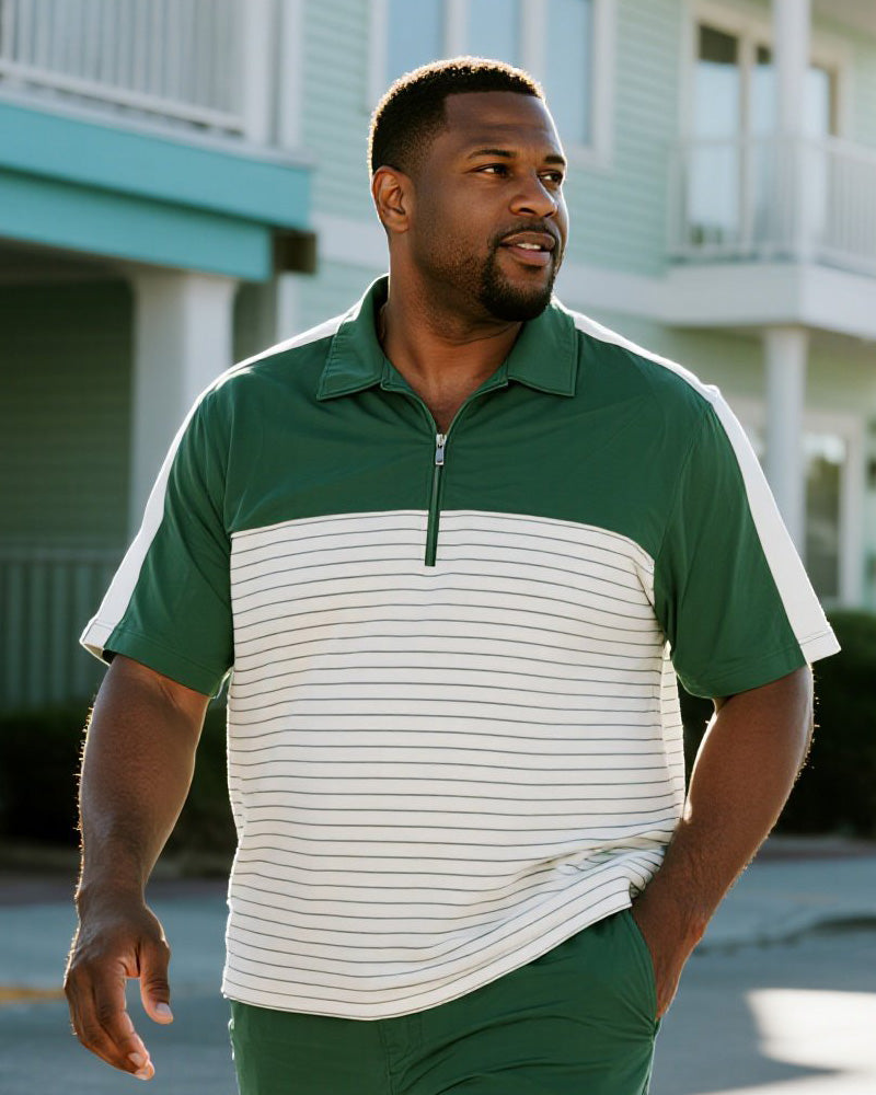 Big & Tall Men's Business Green Patchwork Stripe Printed Short Sleeve Zipper Polo Shirt Shorts Suit
