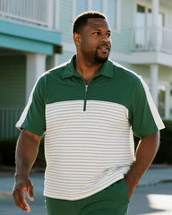 Big & Tall Men's Business Green Patchwork Stripe Printed Short Sleeve Zipper Polo Shirt Shorts Suit