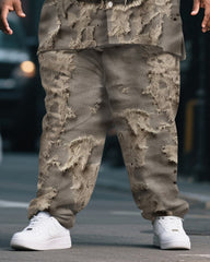 Big & Tall Men's Halloween Tattered Pumpkin Head Expression Print Short Sleeve Shirt Pants Suit