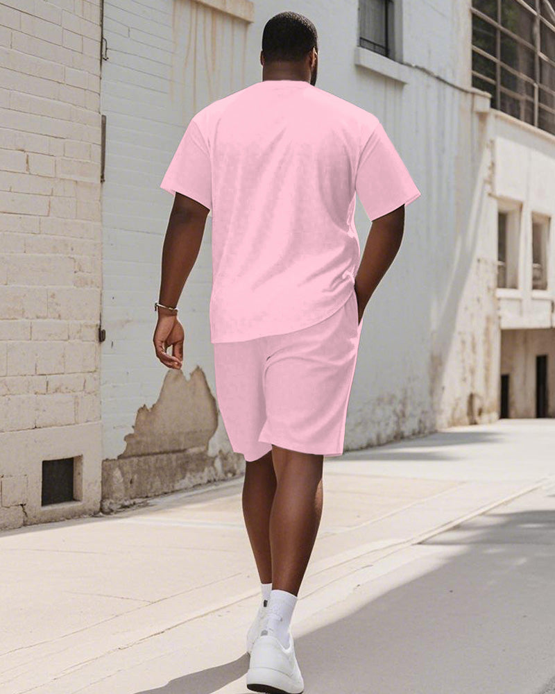 Men's Plus Size Pink Cartoon Animal Drinking Milk Tea Printed Short-sleeved T-shirt Shorts Suit