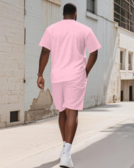 Men's Plus Size Pink Cartoon Animal Drinking Milk Tea Printed Short-sleeved T-shirt Shorts Suit