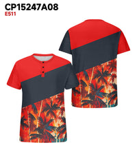 Men's Plus Size Hawaiian Red Patchwork Coconut Tree Print Henry Collar Button Short Sleeve Tee