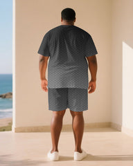 Big & Tall Men Black & Grey Gradient Honeycomb Jacquard Crewneck Short Sleeve T-Shirt Shorts Suit