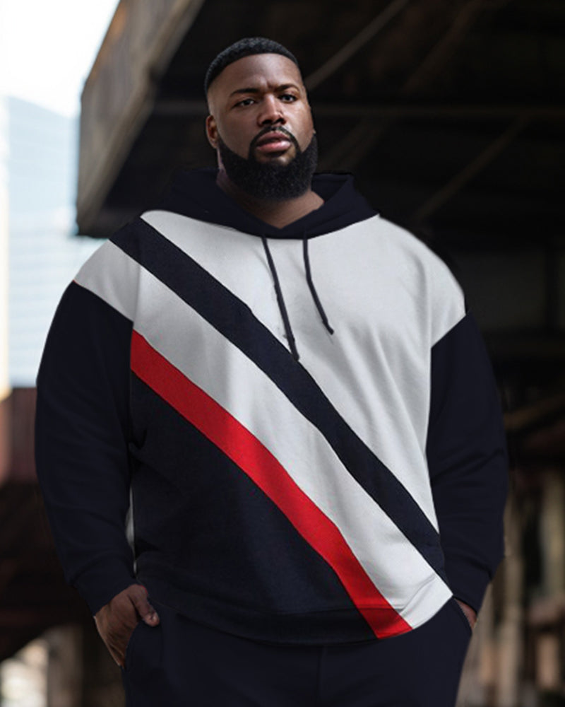 Men's Large Size Casual Diagonal Strip Color Block Long Sleeve Hoodie Sports Two-piece Suit
