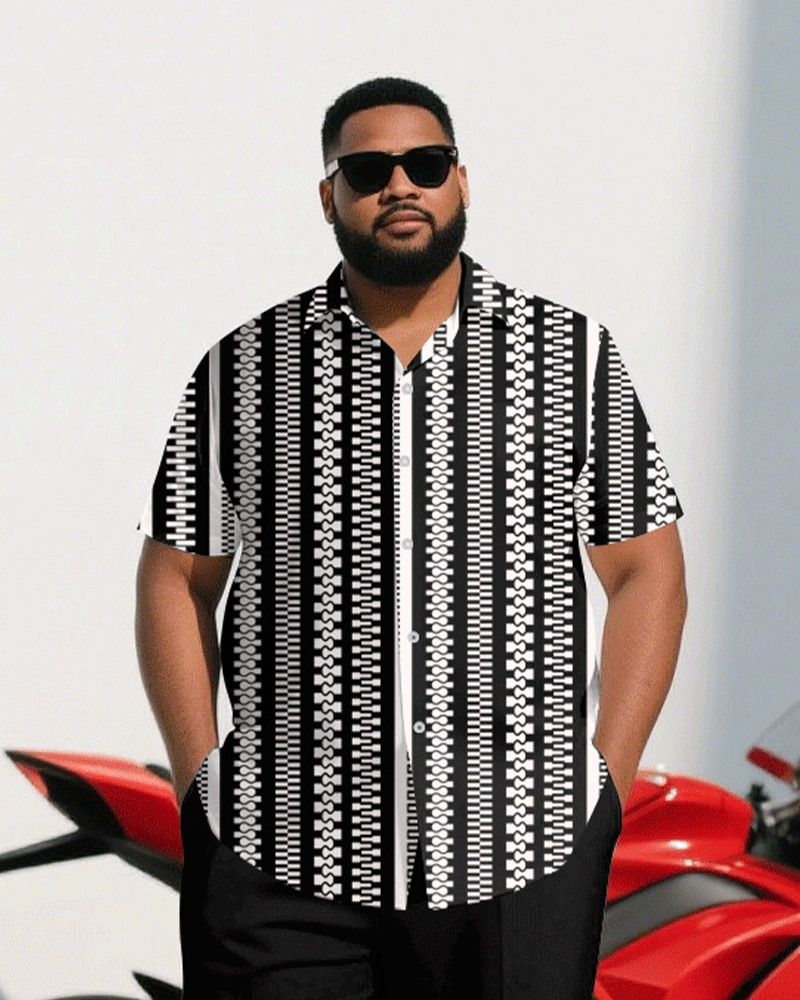 Big & Tall Men's Business Black & White Geometric Short Sleeve Shirt Trousers Suit