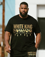 Big & Tall Men's Golden Graffiti White King Alphabet Print Round Neck Short Sleeve T-Shirt Shorts Suit