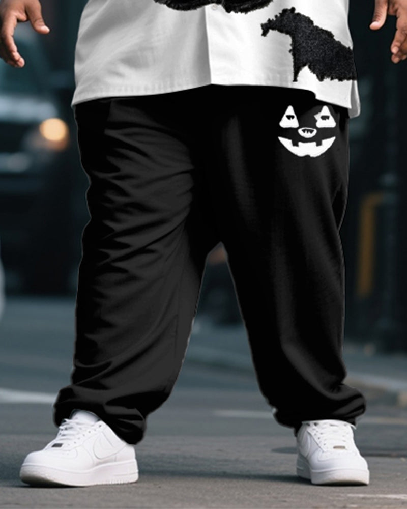 Big & Tall Men's Halloween Black And White Pumpkin Expression Print Short Sleeve Shirt Pants Suit