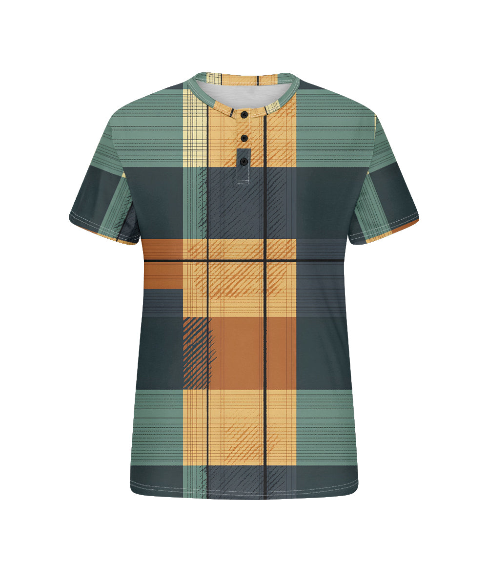 Big & Tall Men's Green And Yellow Geometric Plaid Printed Henry Collar Button Short Sleeve T-Shirt