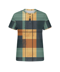 Big & Tall Men's Green And Yellow Geometric Plaid Printed Henry Collar Button Short Sleeve T-Shirt