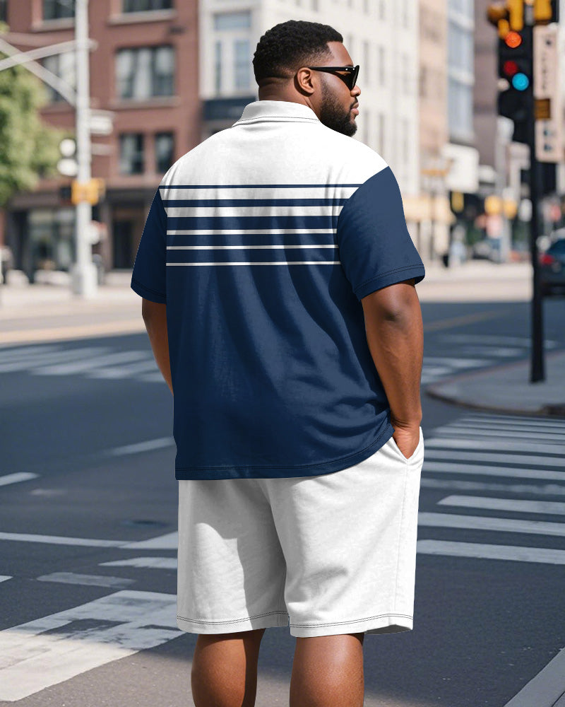 Men's Plus Size Business Blue Stripe Print Short Sleeve Polo Shirt Shorts Suit