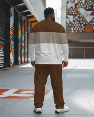 Men's Plus Size Brown Striped Alphabet Print Long Sleeve T-Shirt Trousers Suit