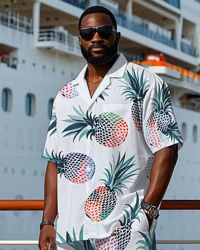 Big Men's Hawaiian Abstract Cartoon Pineapple Printed Cuban Collar Short Sleeve Shirt Shorts Set