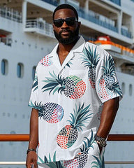 Big Men's Hawaiian Abstract Cartoon Pineapple Printed Cuban Collar Short Sleeve Shirt Shorts Set