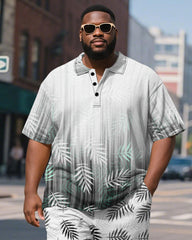Big & Tall Men's Business Hawaiian Gradient Leaf Print Short Sleeve Polo Shirt Shorts Suit