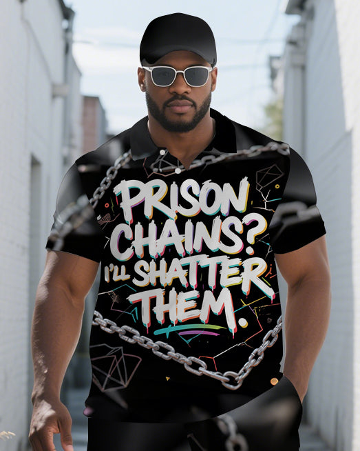 Big Men's PRISON Artistic Letter Chain Graffiti Short Sleeve Polo Shirt and Shorts Set
