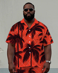 Men's Big and Tall Hawaii Casual Plaid Palm Trees Printed Cuban Collar Short Sleeve Shirt Shorts Set