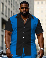 Men's Plus Size Blue & Black Simple Colorblock Short Sleeve Shirt Pants Suit