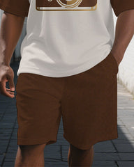 Big and Tall Men's Splicing Style Camera Printed Retro Short-Sleeve Polo Shirt Shorts Set