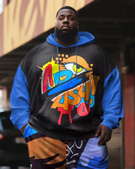 Men's Plus Size Casual Tracksuit Graffiti Color Block Hoodie Pants Set
