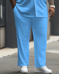 Men's Plus Size All-match Pure Water Blue Short Sleeve Shirt Trousers Suit