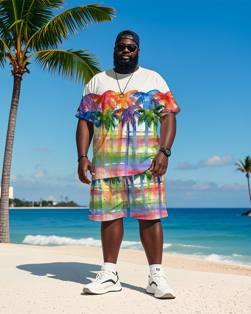 Big & Tall Men's Hawaiian Color Plaid Coconut Graffiti Print Round Neck Short Sleeve T-Shirt Shorts Suit