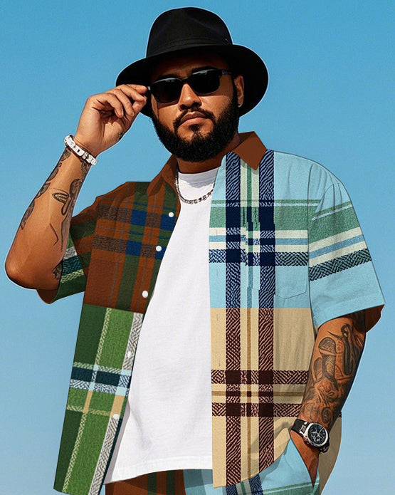 Big Men's Daily Casual Splicing Color Plaid Printed Short Sleeve Shirt and Shorts Set