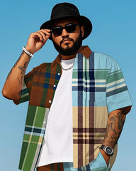 Big Men's Daily Casual Splicing Color Plaid Printed Short Sleeve Shirt and Shorts Set