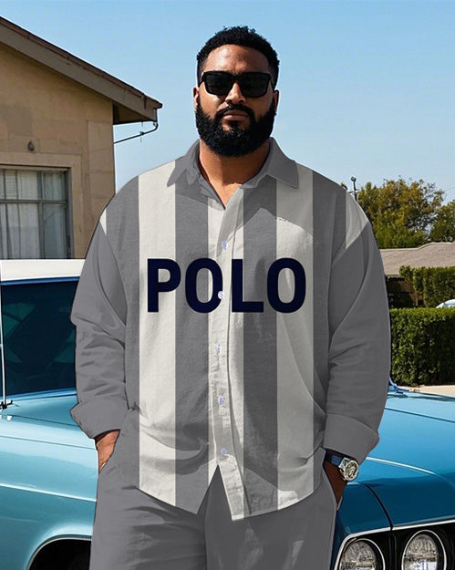 Big Guy's Simple Style POLO Letter with Gray & White Stripe Printed Long Sleeve Shirt Pants Set