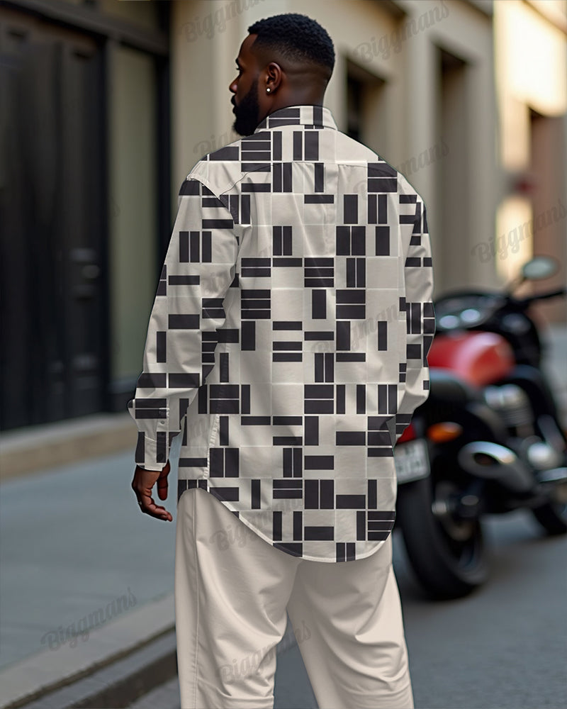 Apricot Geometric Simple Printed Long Sleeve Lapel Shirt 2 Piece Set Men's Plus Size