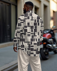 Apricot Geometric Simple Printed Long Sleeve Lapel Shirt 2 Piece Set Men's Plus Size