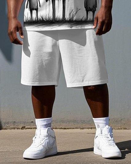 Men's Casual Fashion Robot Illustration Print Big & Tall Summer Short-Sleeve T-shirt Shorts Set