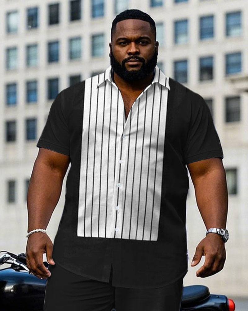Men's Plus Size Black Front Stitching Striped Fabric Short Sleeve Shirt Trousers Suit