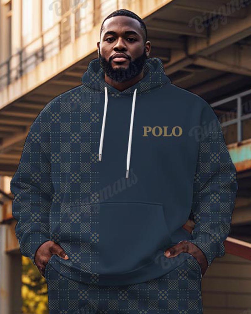 Men's Casual Blue Pattern Letter Print Big Size Hoodie Set