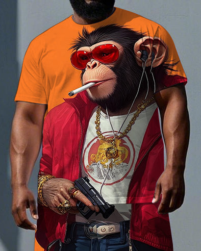 Big & Tall Men's Hip Hop Gorillas with Gun Printed Summer Short Sleeve T-shirt and Short Set