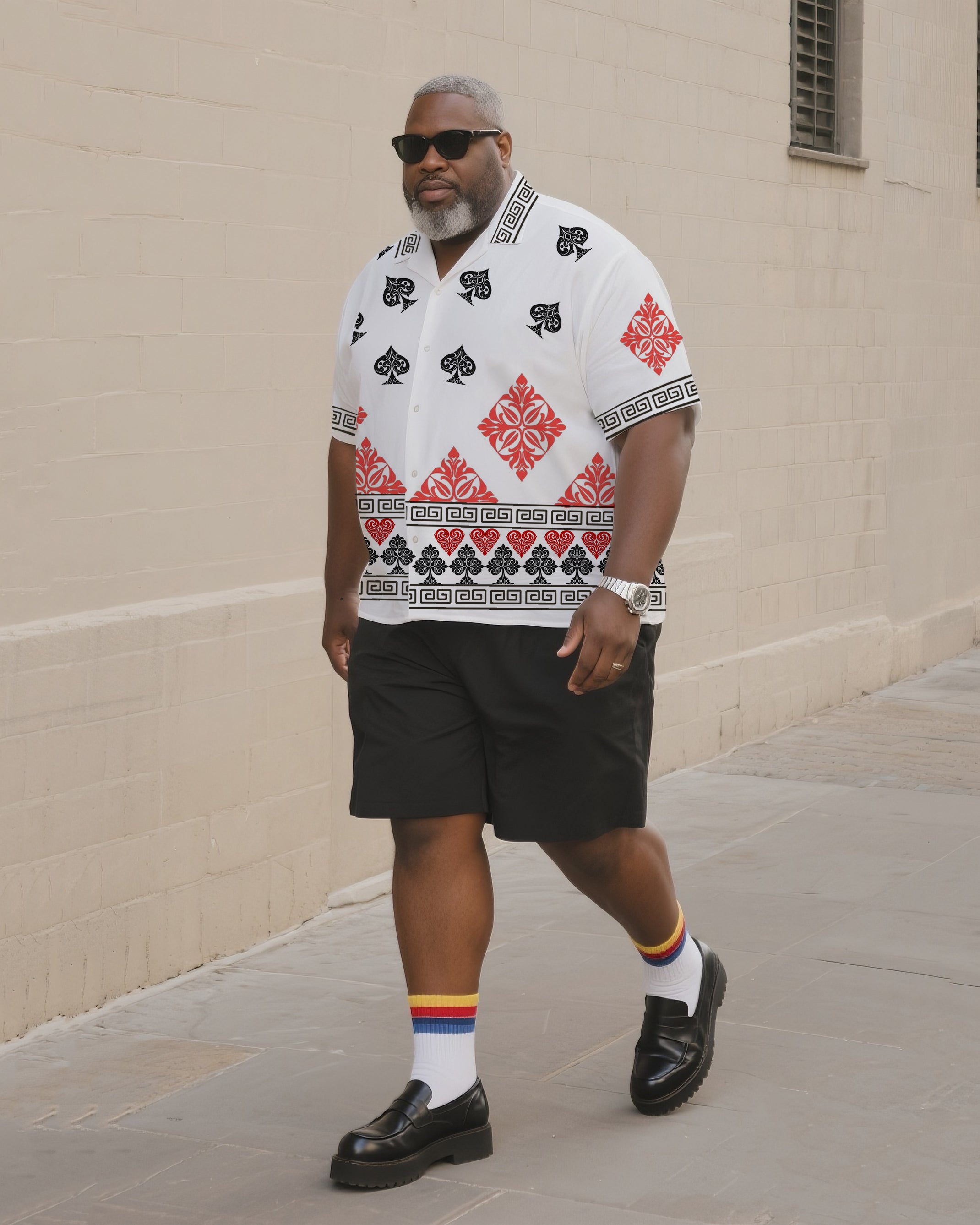 Big & Tall Men's Daily Leisure. Creative Poker Print Shirt Shorts Suit