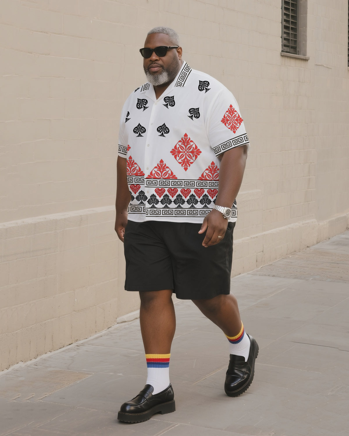 Big & Tall Men's Daily Leisure. Creative Poker Print Shirt Shorts Suit