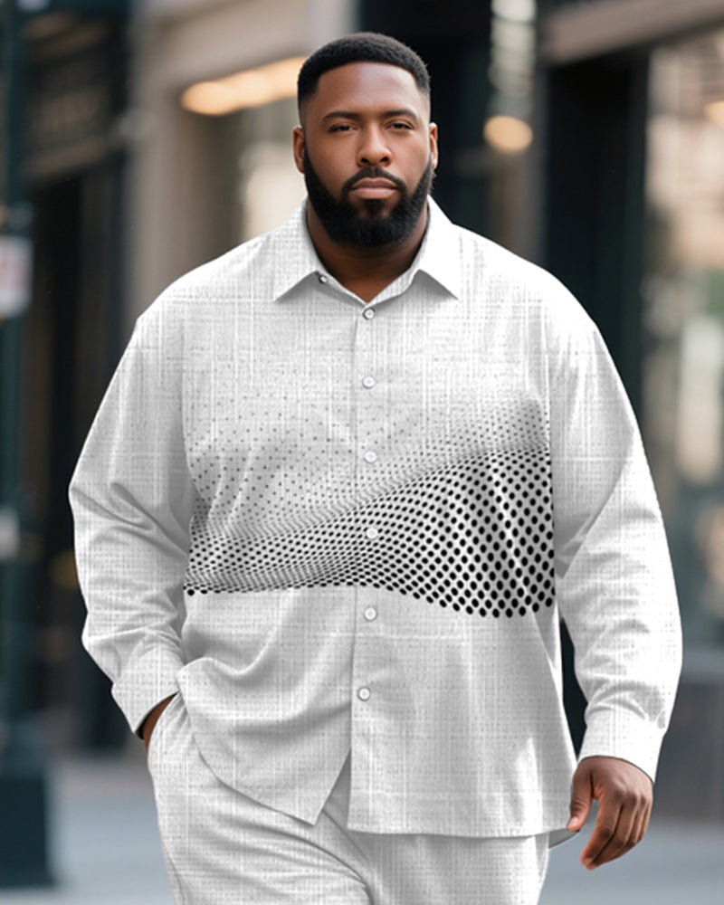 Big & Tall Men's Business White Geometric Wave Print Bamboo Hemp Texture Long Sleeve Shirt Trousers Suit