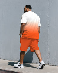Men's Plus Size Street Fashion Orange Gradient Small Label Printed Round Neck Short Sleeve T-Shirt Shorts Suit
